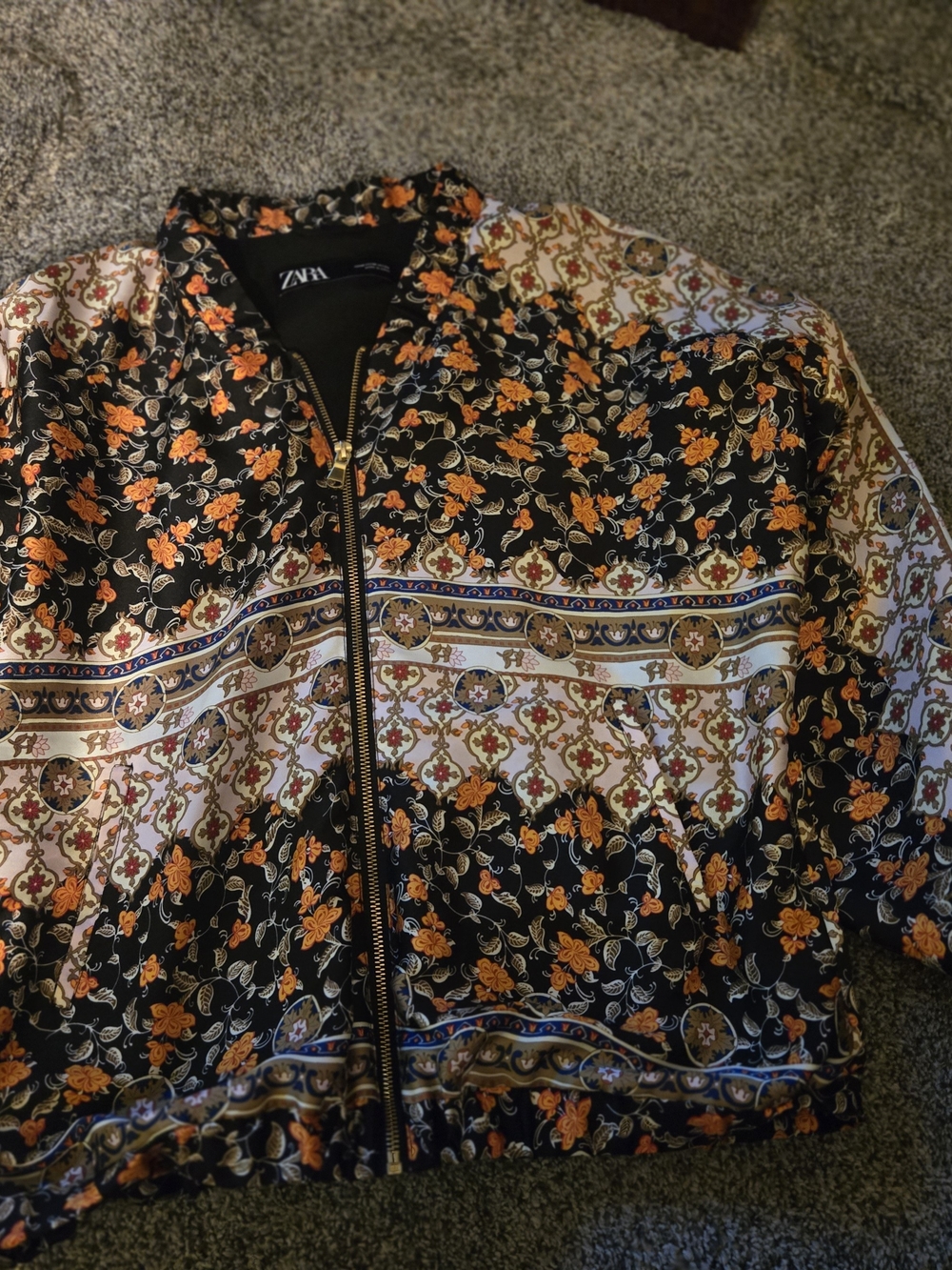 ZARA Floral Printed Bomber Jacket - Black & Orange
